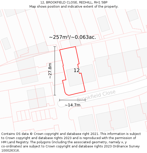 12, BROOKFIELD CLOSE, REDHILL, RH1 5BP: Plot and title map