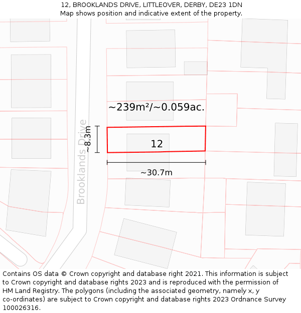 12, BROOKLANDS DRIVE, LITTLEOVER, DERBY, DE23 1DN: Plot and title map