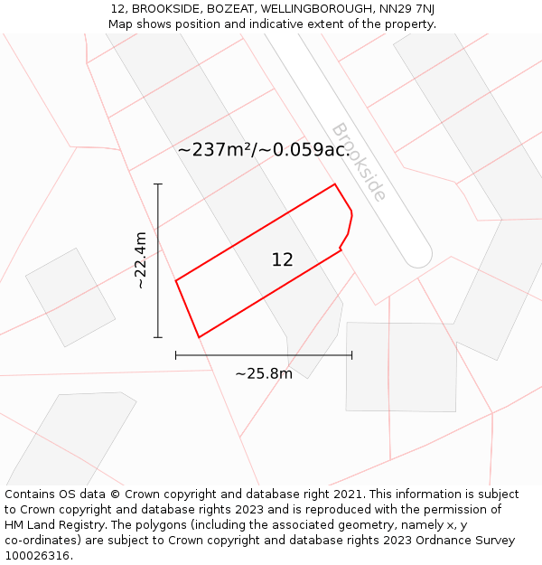 12, BROOKSIDE, BOZEAT, WELLINGBOROUGH, NN29 7NJ: Plot and title map
