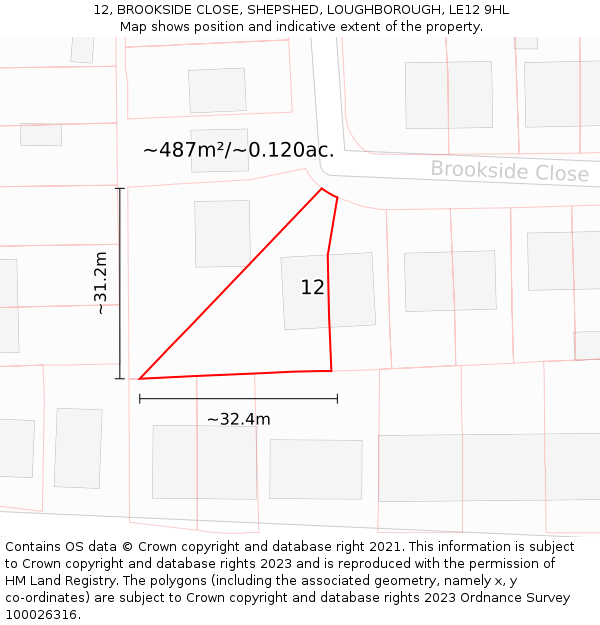 12, BROOKSIDE CLOSE, SHEPSHED, LOUGHBOROUGH, LE12 9HL: Plot and title map