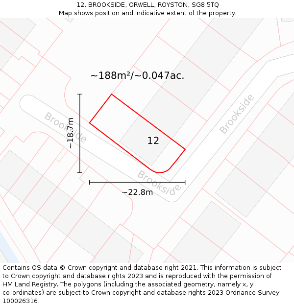 12, BROOKSIDE, ORWELL, ROYSTON, SG8 5TQ: Plot and title map
