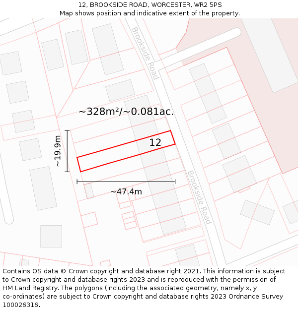 12, BROOKSIDE ROAD, WORCESTER, WR2 5PS: Plot and title map