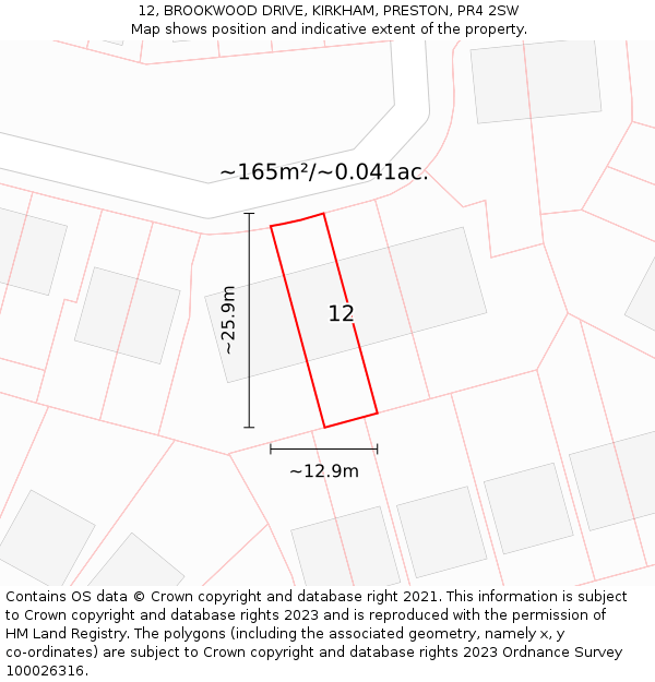 12, BROOKWOOD DRIVE, KIRKHAM, PRESTON, PR4 2SW: Plot and title map
