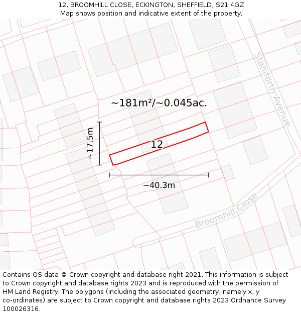 12, BROOMHILL CLOSE, ECKINGTON, SHEFFIELD, S21 4GZ: Plot and title map