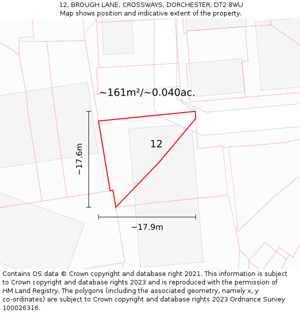 12, BROUGH LANE, CROSSWAYS, DORCHESTER, DT2 8WU: Plot and title map