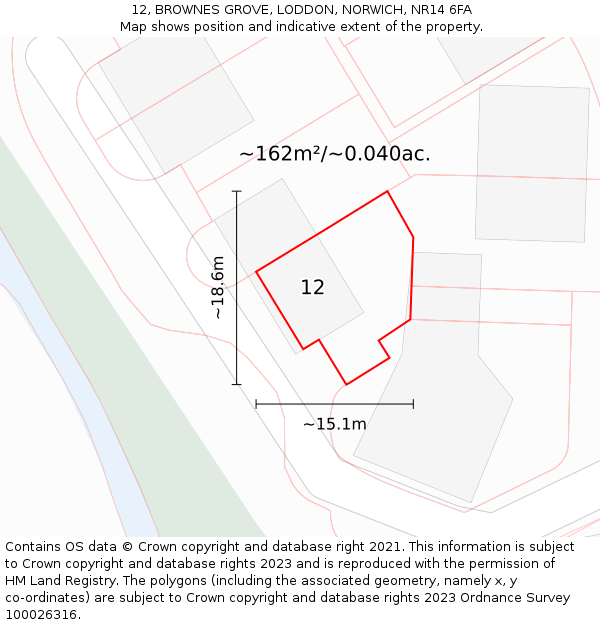 12, BROWNES GROVE, LODDON, NORWICH, NR14 6FA: Plot and title map
