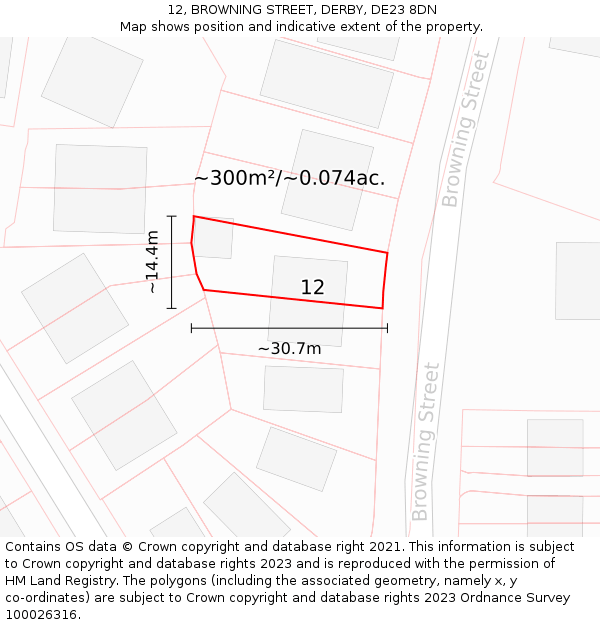 12, BROWNING STREET, DERBY, DE23 8DN: Plot and title map