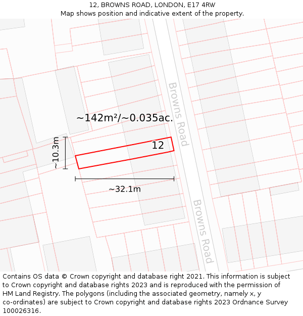 12, BROWNS ROAD, LONDON, E17 4RW: Plot and title map