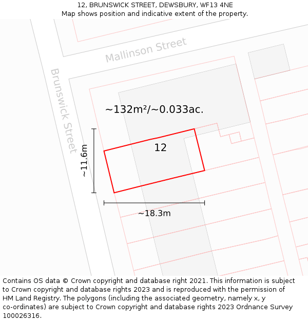12, BRUNSWICK STREET, DEWSBURY, WF13 4NE: Plot and title map