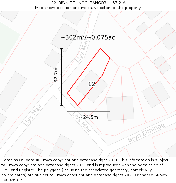 12, BRYN EITHINOG, BANGOR, LL57 2LA: Plot and title map