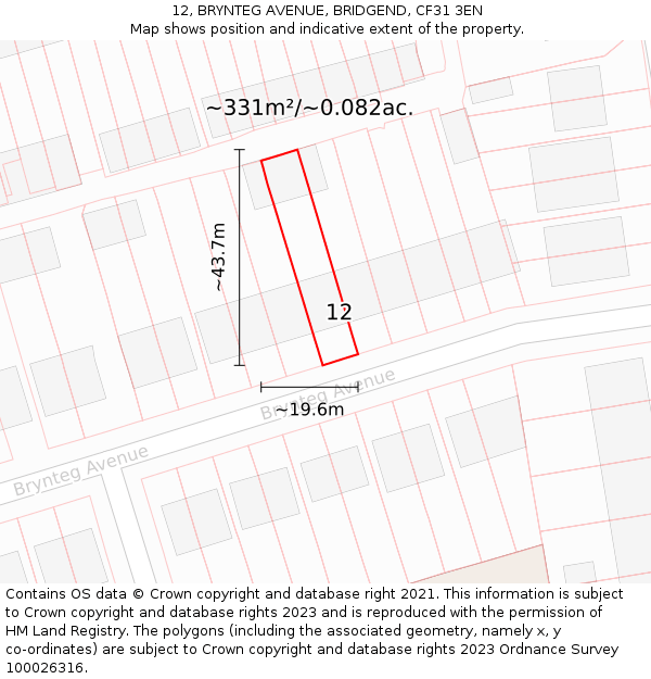 12, BRYNTEG AVENUE, BRIDGEND, CF31 3EN: Plot and title map