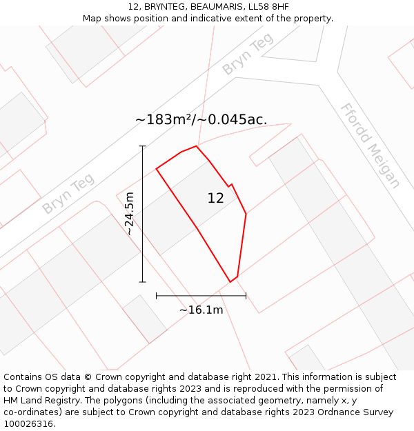 12, BRYNTEG, BEAUMARIS, LL58 8HF: Plot and title map