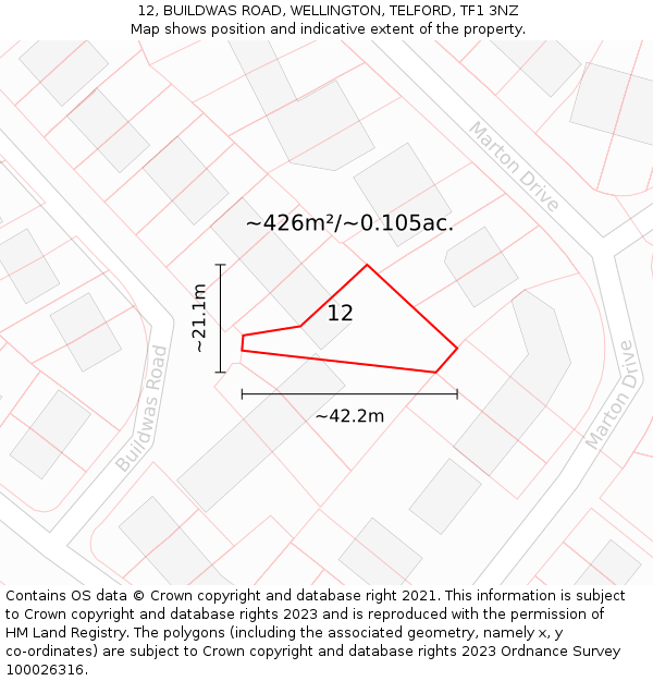 12, BUILDWAS ROAD, WELLINGTON, TELFORD, TF1 3NZ: Plot and title map