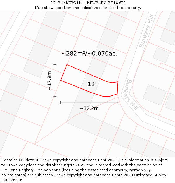 12, BUNKERS HILL, NEWBURY, RG14 6TF: Plot and title map