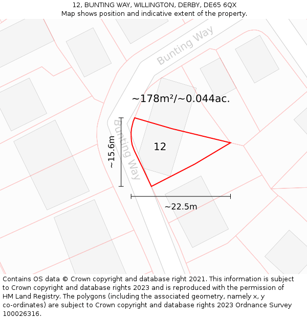 12, BUNTING WAY, WILLINGTON, DERBY, DE65 6QX: Plot and title map