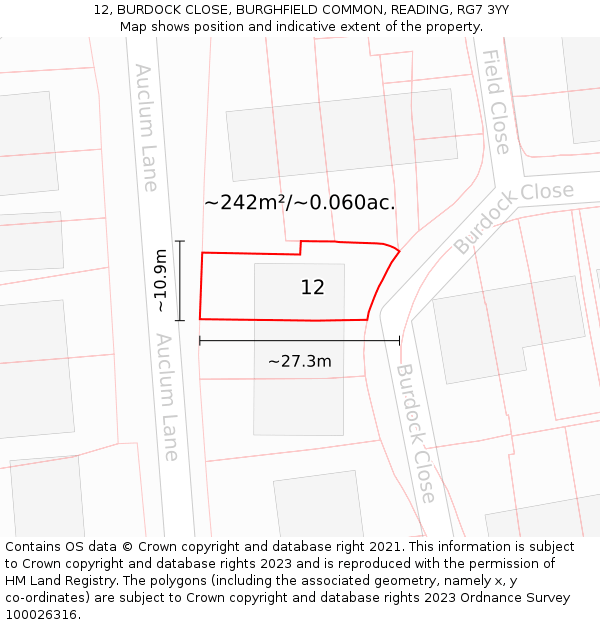 12, BURDOCK CLOSE, BURGHFIELD COMMON, READING, RG7 3YY: Plot and title map