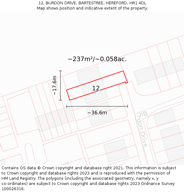 12, BURDON DRIVE, BARTESTREE, HEREFORD, HR1 4DL: Plot and title map