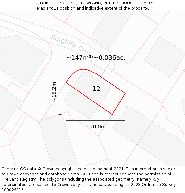 12, BURGHLEY CLOSE, CROWLAND, PETERBOROUGH, PE6 0JY: Plot and title map