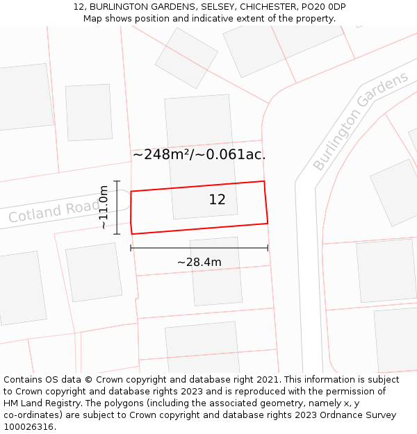 12, BURLINGTON GARDENS, SELSEY, CHICHESTER, PO20 0DP: Plot and title map