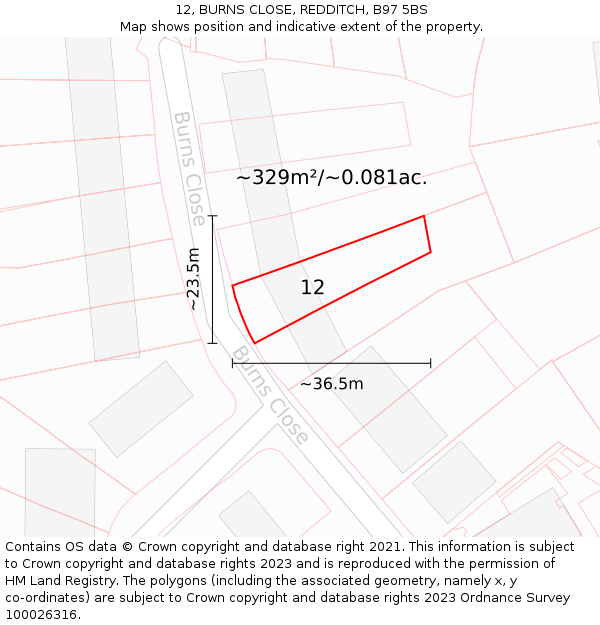 12, BURNS CLOSE, REDDITCH, B97 5BS: Plot and title map