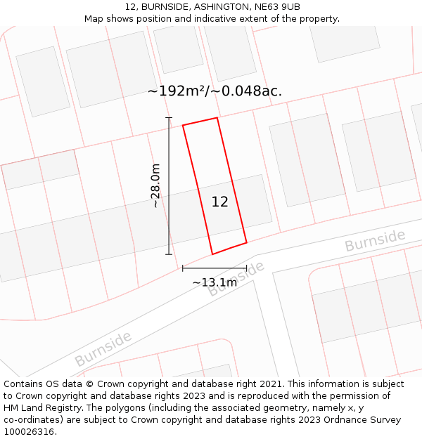 12, BURNSIDE, ASHINGTON, NE63 9UB: Plot and title map