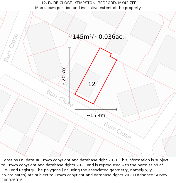 12, BURR CLOSE, KEMPSTON, BEDFORD, MK42 7FF: Plot and title map