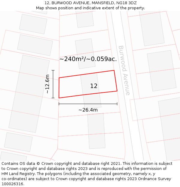 12, BURWOOD AVENUE, MANSFIELD, NG18 3DZ: Plot and title map