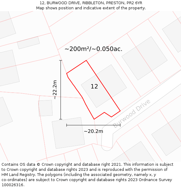 12, BURWOOD DRIVE, RIBBLETON, PRESTON, PR2 6YR: Plot and title map