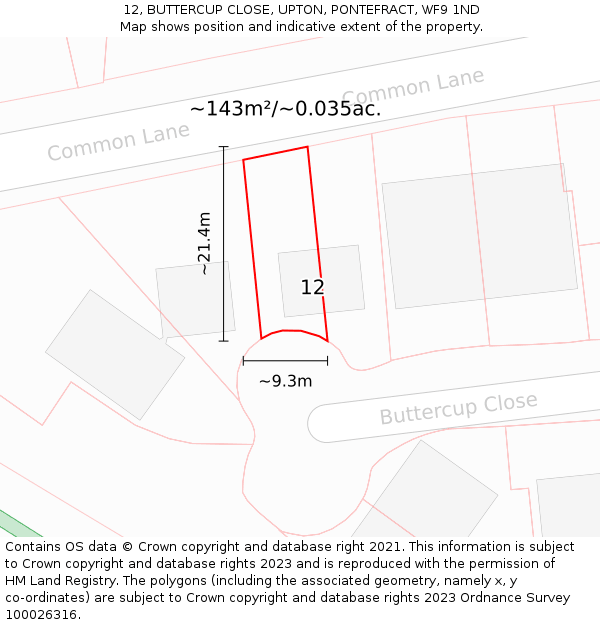 12, BUTTERCUP CLOSE, UPTON, PONTEFRACT, WF9 1ND: Plot and title map