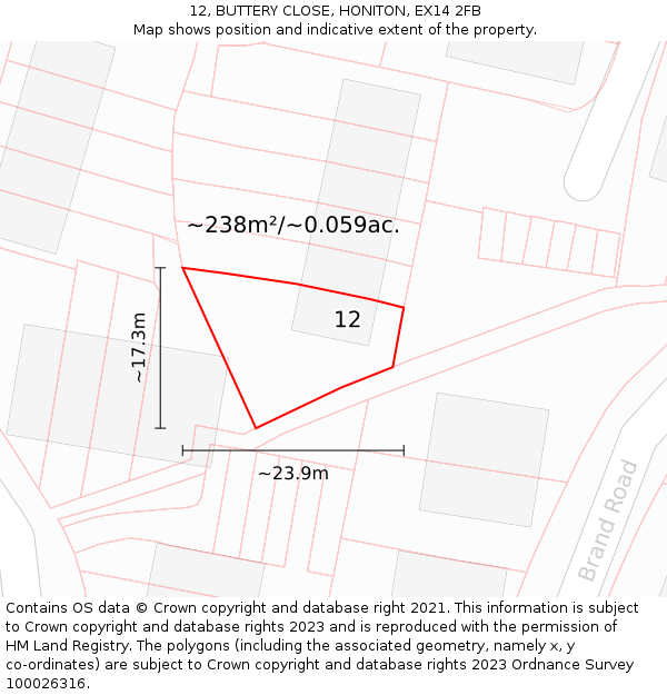 12, BUTTERY CLOSE, HONITON, EX14 2FB: Plot and title map