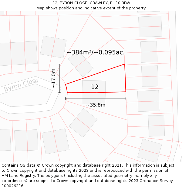 12, BYRON CLOSE, CRAWLEY, RH10 3BW: Plot and title map