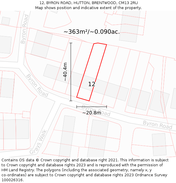 12, BYRON ROAD, HUTTON, BRENTWOOD, CM13 2RU: Plot and title map