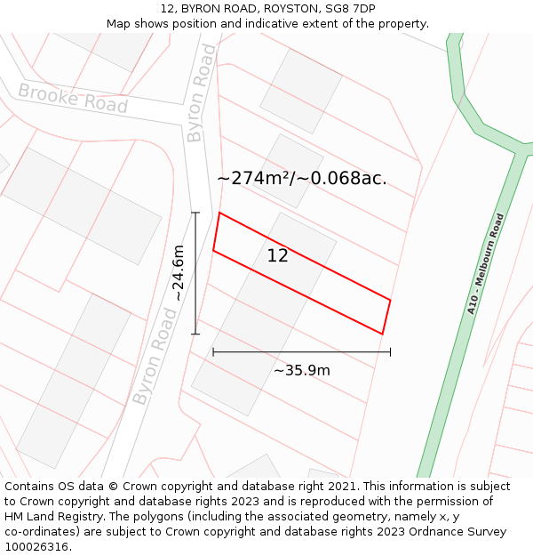 12, BYRON ROAD, ROYSTON, SG8 7DP: Plot and title map