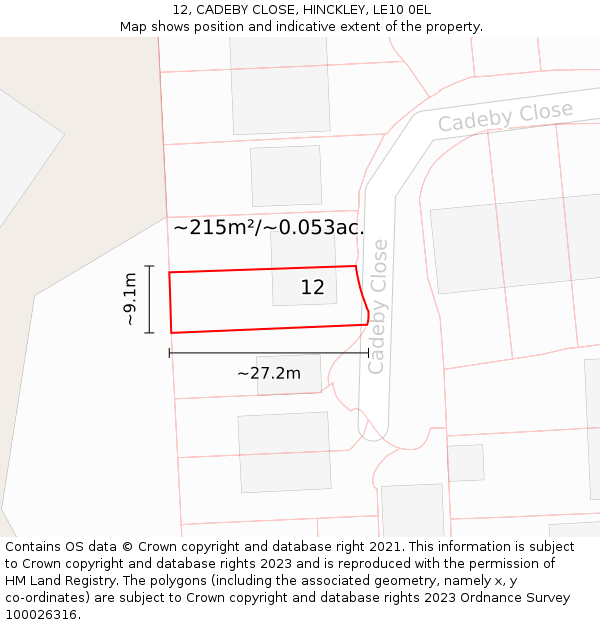 12, CADEBY CLOSE, HINCKLEY, LE10 0EL: Plot and title map