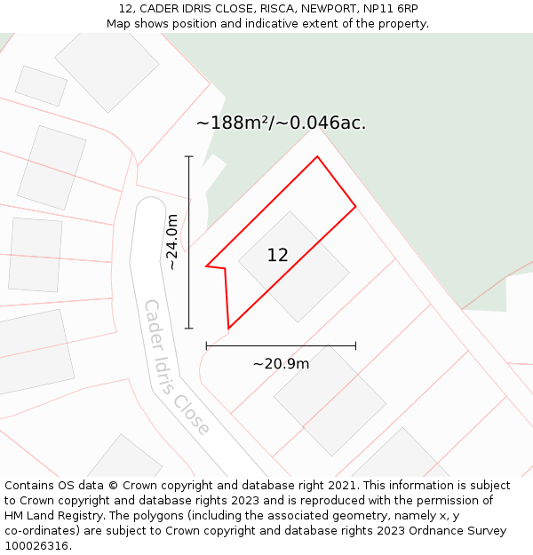 12, CADER IDRIS CLOSE, RISCA, NEWPORT, NP11 6RP: Plot and title map