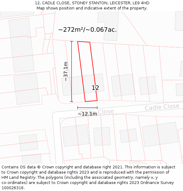 12, CADLE CLOSE, STONEY STANTON, LEICESTER, LE9 4HD: Plot and title map