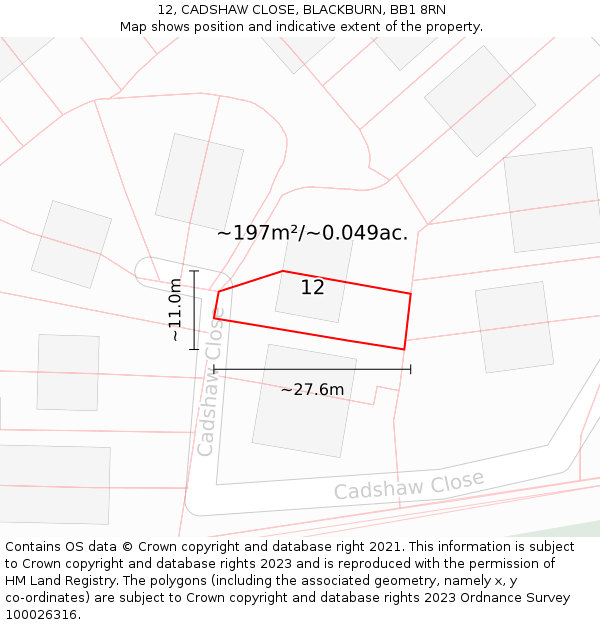 12, CADSHAW CLOSE, BLACKBURN, BB1 8RN: Plot and title map