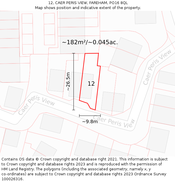 12, CAER PERIS VIEW, FAREHAM, PO16 8QL: Plot and title map