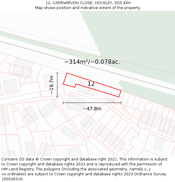 12, CAERNARVON CLOSE, HOCKLEY, SS5 4XH: Plot and title map