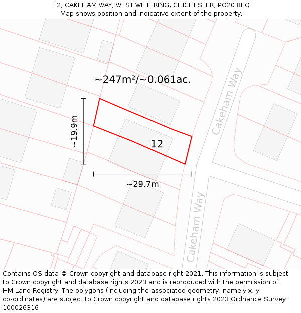 12, CAKEHAM WAY, WEST WITTERING, CHICHESTER, PO20 8EQ: Plot and title map