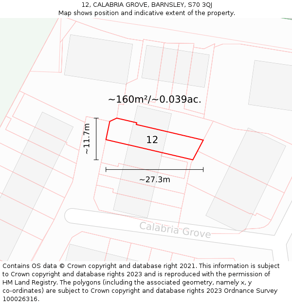 12, CALABRIA GROVE, BARNSLEY, S70 3QJ: Plot and title map