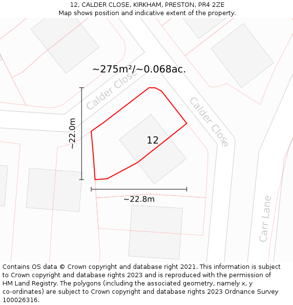 12, CALDER CLOSE, KIRKHAM, PRESTON, PR4 2ZE: Plot and title map