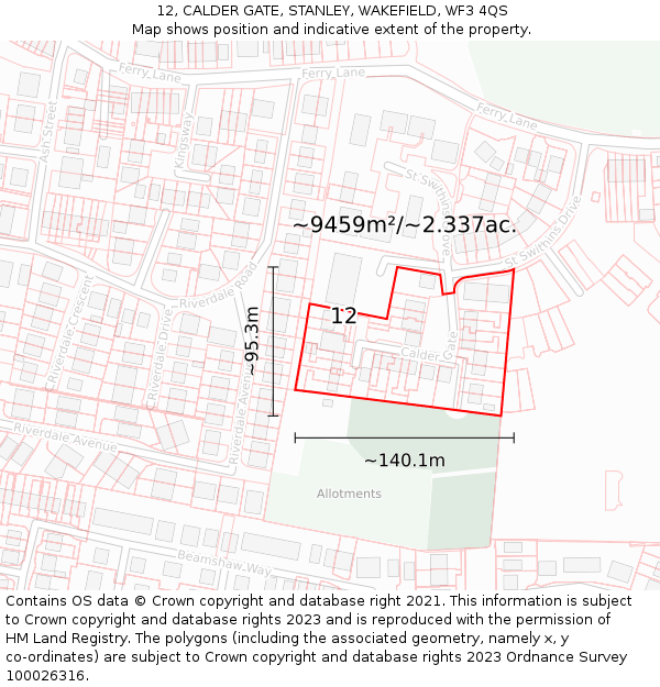 12, CALDER GATE, STANLEY, WAKEFIELD, WF3 4QS: Plot and title map