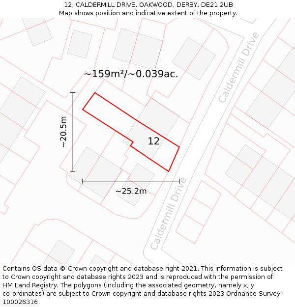 12, CALDERMILL DRIVE, OAKWOOD, DERBY, DE21 2UB: Plot and title map