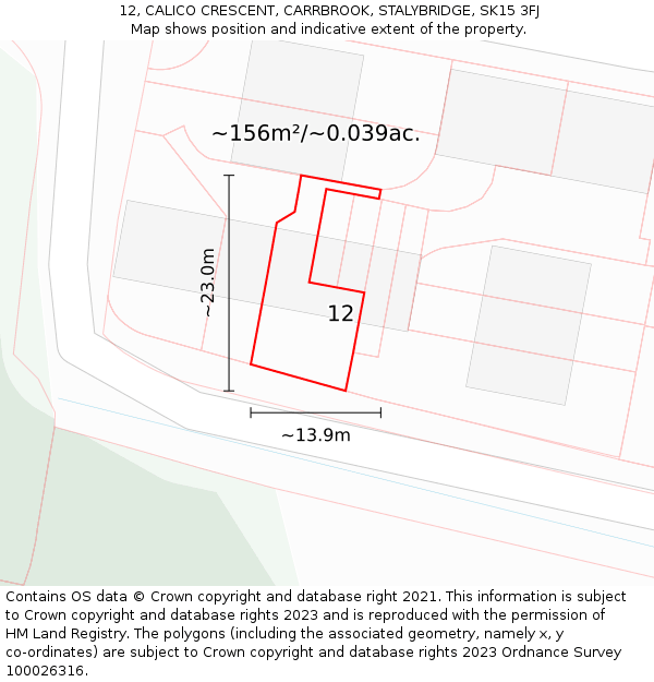12, CALICO CRESCENT, CARRBROOK, STALYBRIDGE, SK15 3FJ: Plot and title map