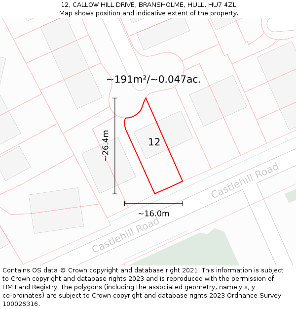 12, CALLOW HILL DRIVE, BRANSHOLME, HULL, HU7 4ZL: Plot and title map