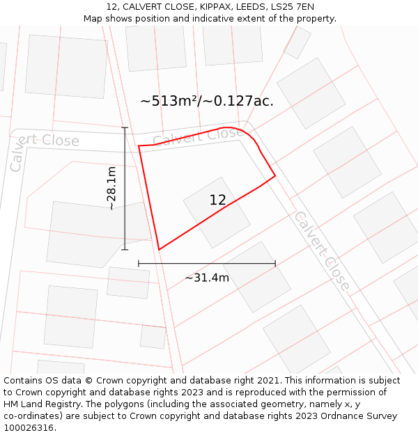12, CALVERT CLOSE, KIPPAX, LEEDS, LS25 7EN: Plot and title map