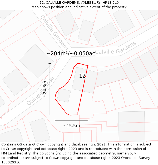 12, CALVILLE GARDENS, AYLESBURY, HP18 0UX: Plot and title map