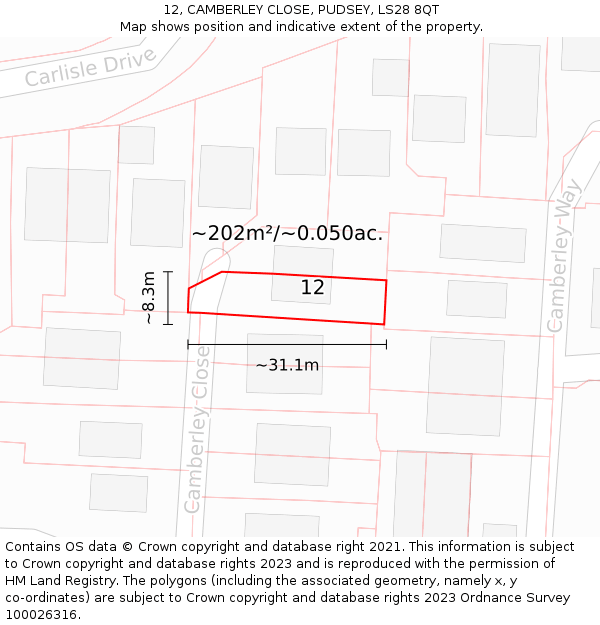 12, CAMBERLEY CLOSE, PUDSEY, LS28 8QT: Plot and title map