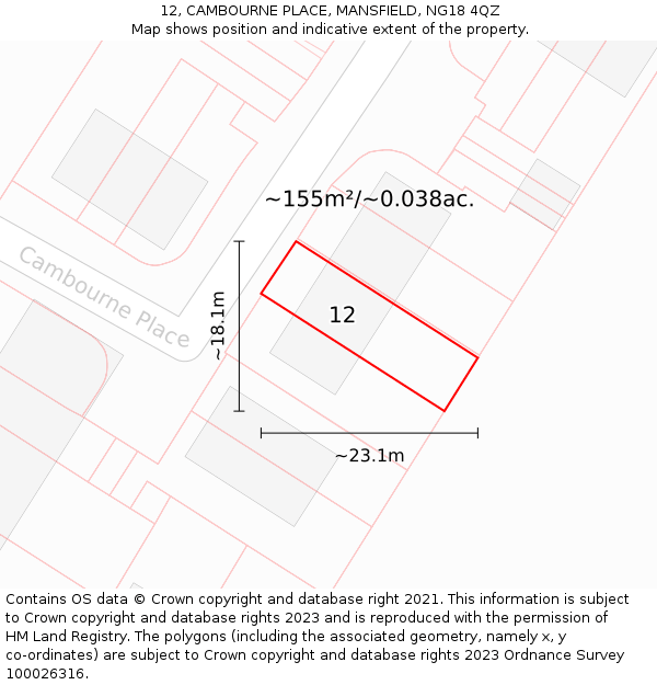 12, CAMBOURNE PLACE, MANSFIELD, NG18 4QZ: Plot and title map